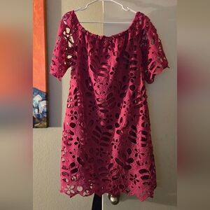 Women’s Off-Shoulder Eyelet Dress in Berry